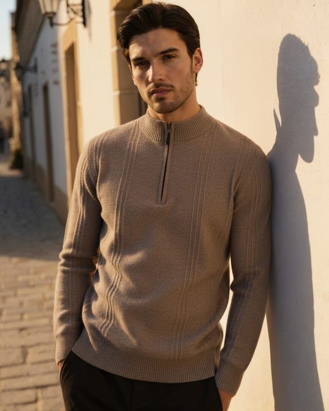 "Our model in the Cashmere Ribbed Half Zip"