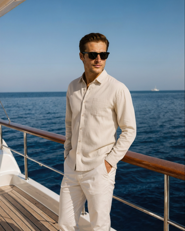 "Our model in the Cape Town Linen Shirt"
