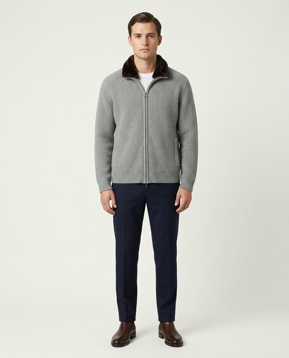 Prague Fur Collar Cardigan - Light Grey