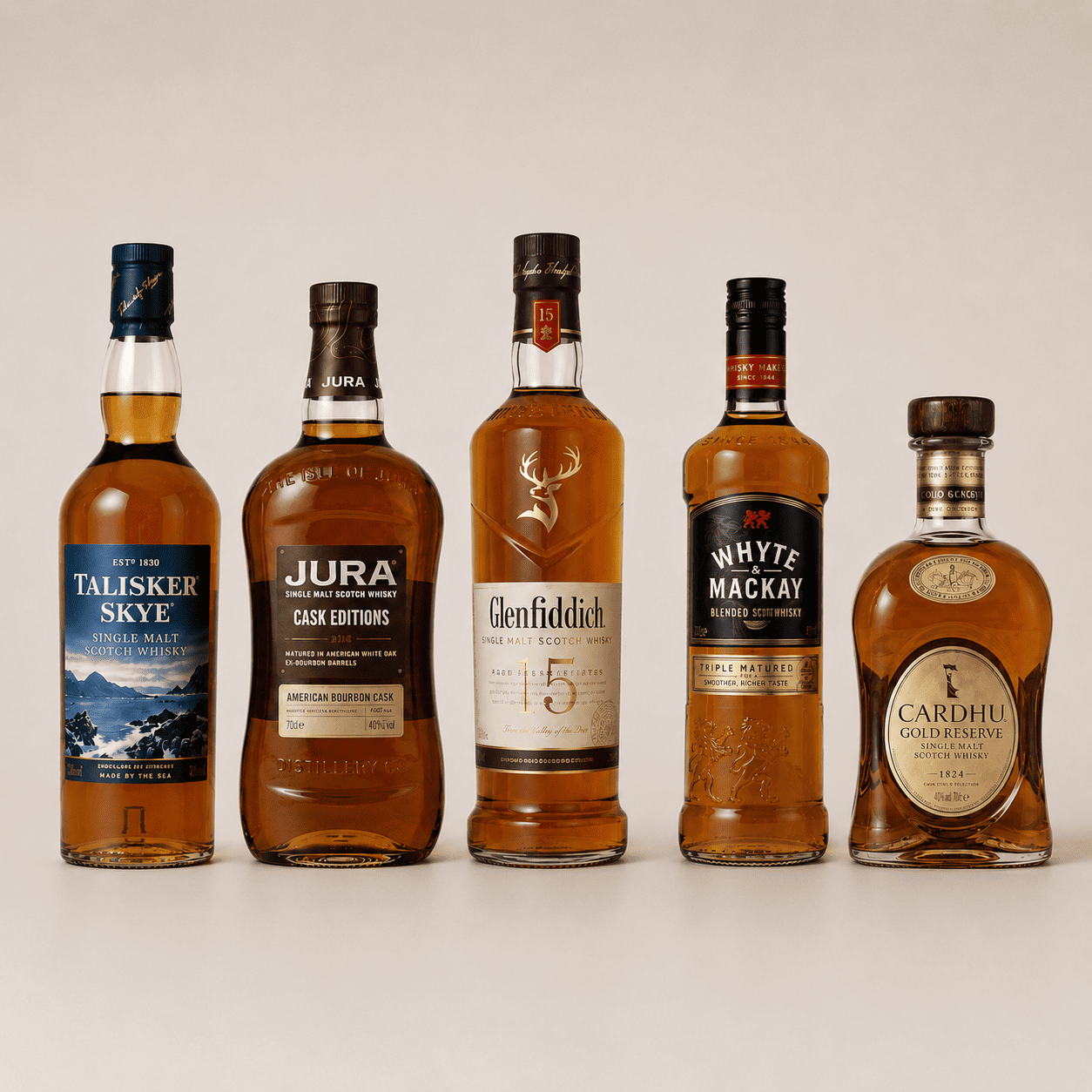 Ultimate Bundle – Glenfiddich 15, Whyte & Mackay Triple Matured, Cardhu Gold Reserve, Talisker Skye & Jura Bourbon Cask