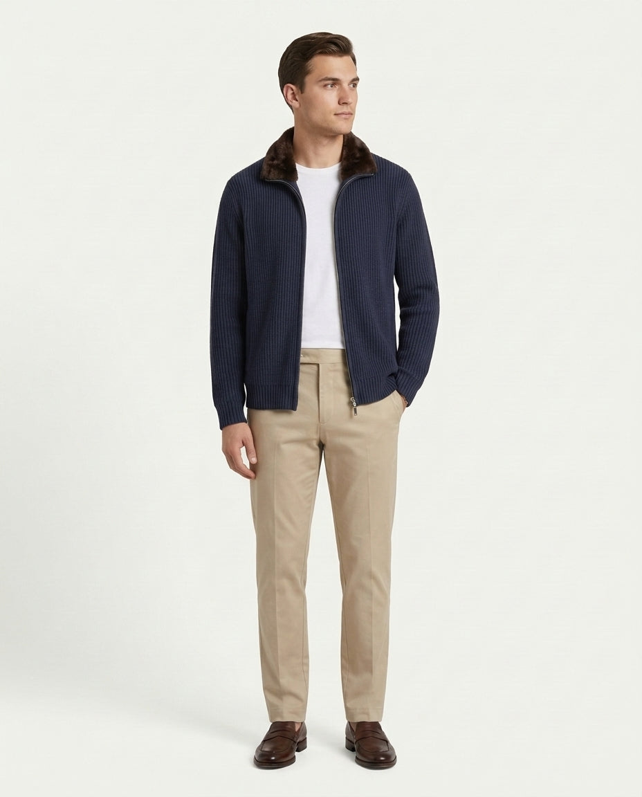 Prague Fur Collar Cardigan - Navy Blue
