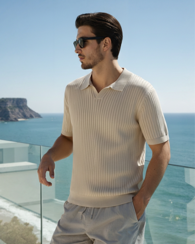 "Our model in the Premium Ribbed Polo"